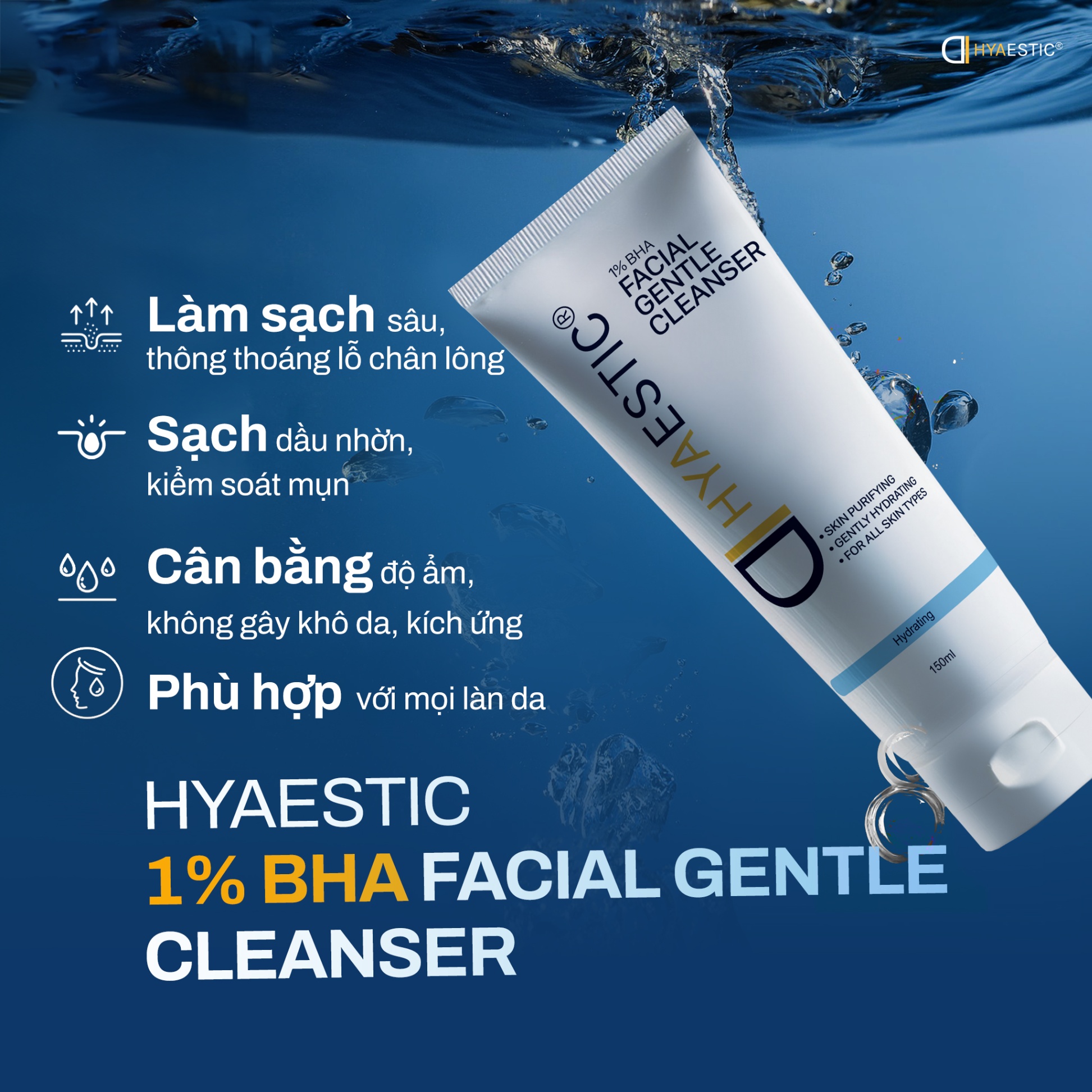 Sữa rửa mặt dịu nhẹ làm sạch sâu Hyaestic 1% BHA Facial Gentle Cleanser 50ml