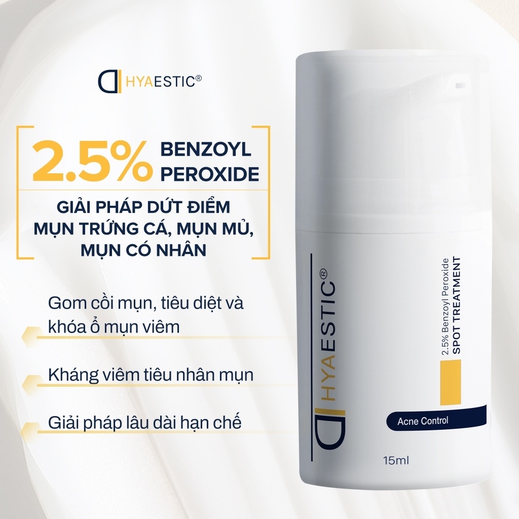 Gel hỗ trợ trị mụn sưng viêm Hyaestic Spot Treatment 2.5% Benzoyl Peroxide 15ml