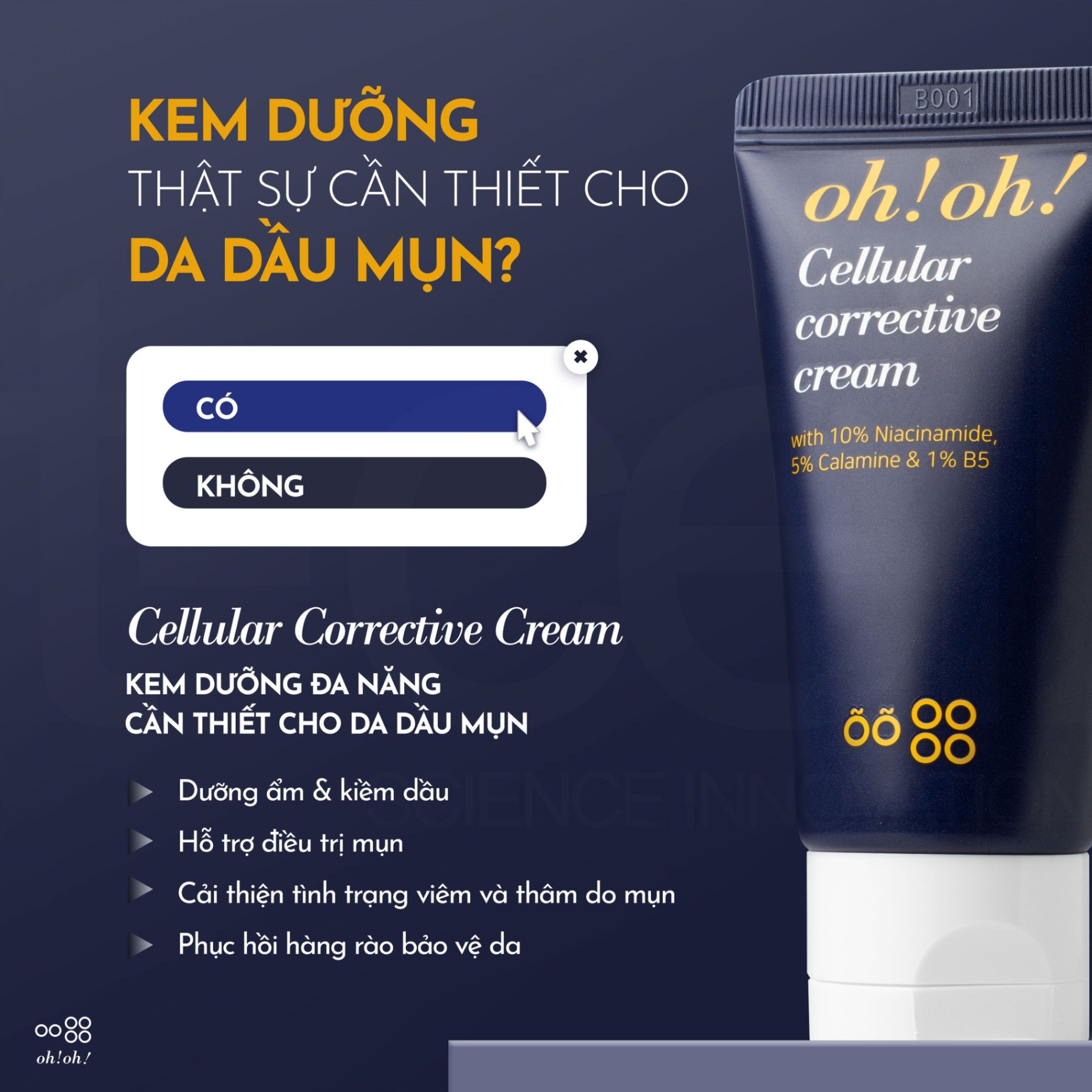 Kem Dưỡng Phục Hồi Da Tổn Thương Đa Năng oh!oh! Cellular Corrective Cream with 10% Niacinamide, 5% Calamine, 1% B5 15gr