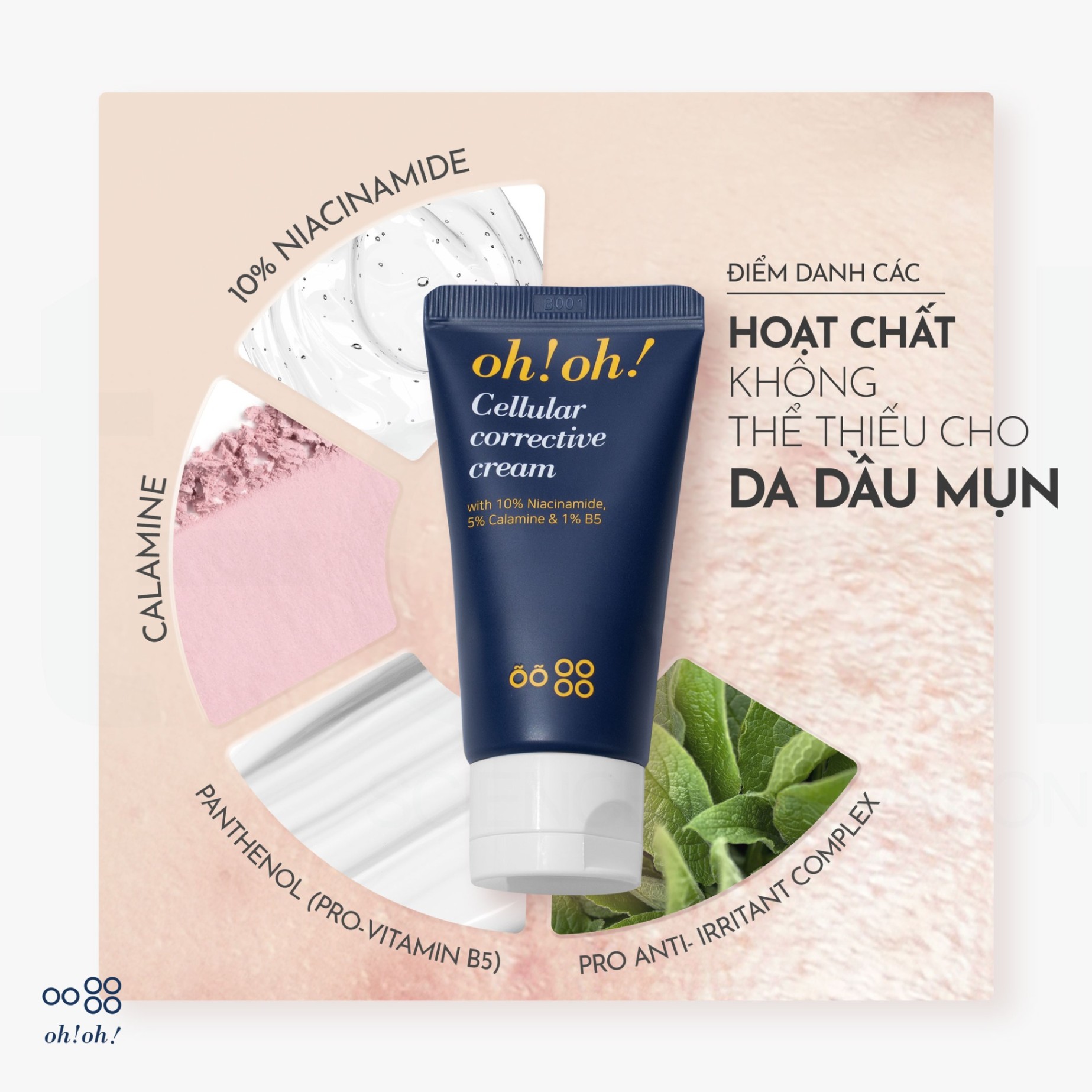 Kem Dưỡng Phục Hồi Da Tổn Thương Đa Năng oh!oh! Cellular Corrective Cream with 10% Niacinamide, 5% Calamine, 1% B5 15gr