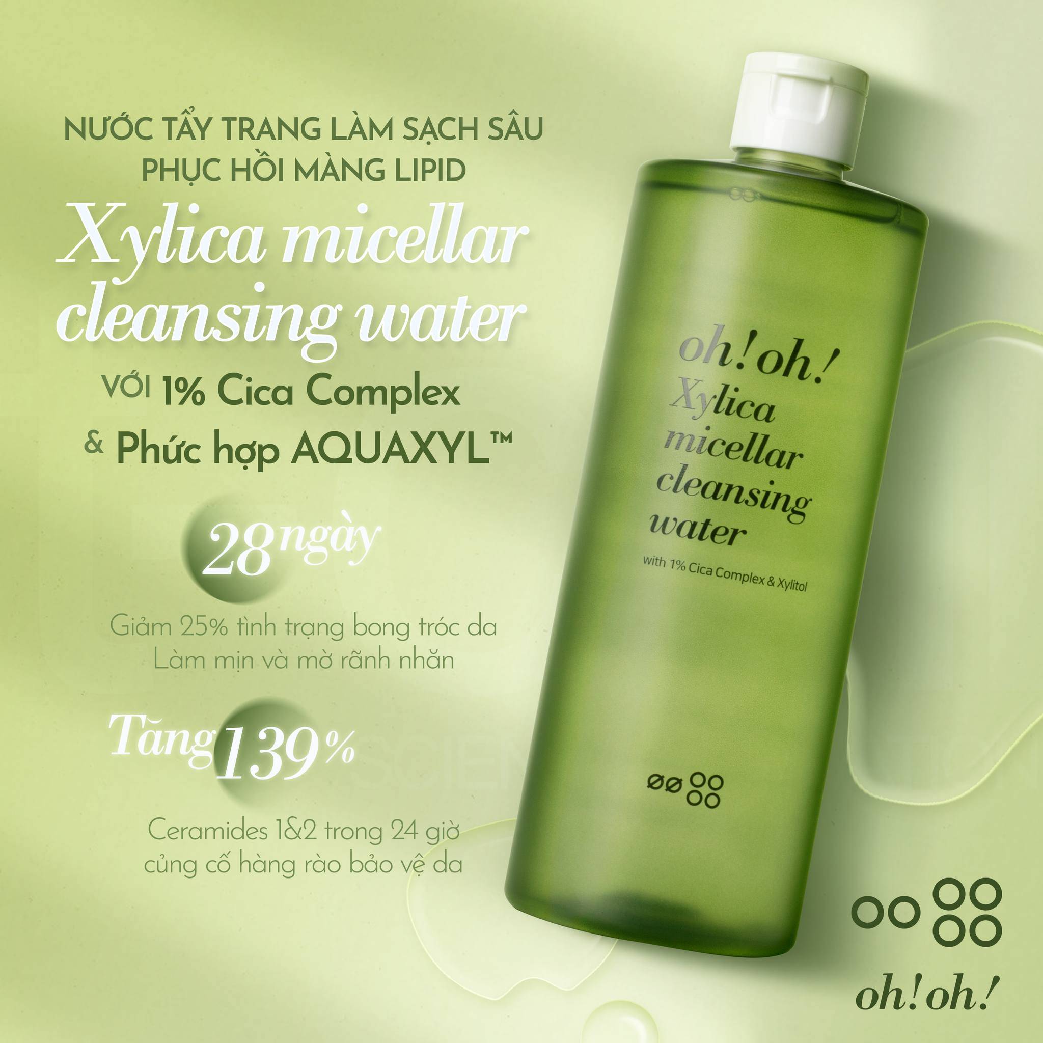 Nước Tẩy Trang Chuyên Sâu Phục Hồi Màng Lipid oh!oh! Xylica Micellar Cleansing Water 500ml with 1% Cica Complex & Xylitol