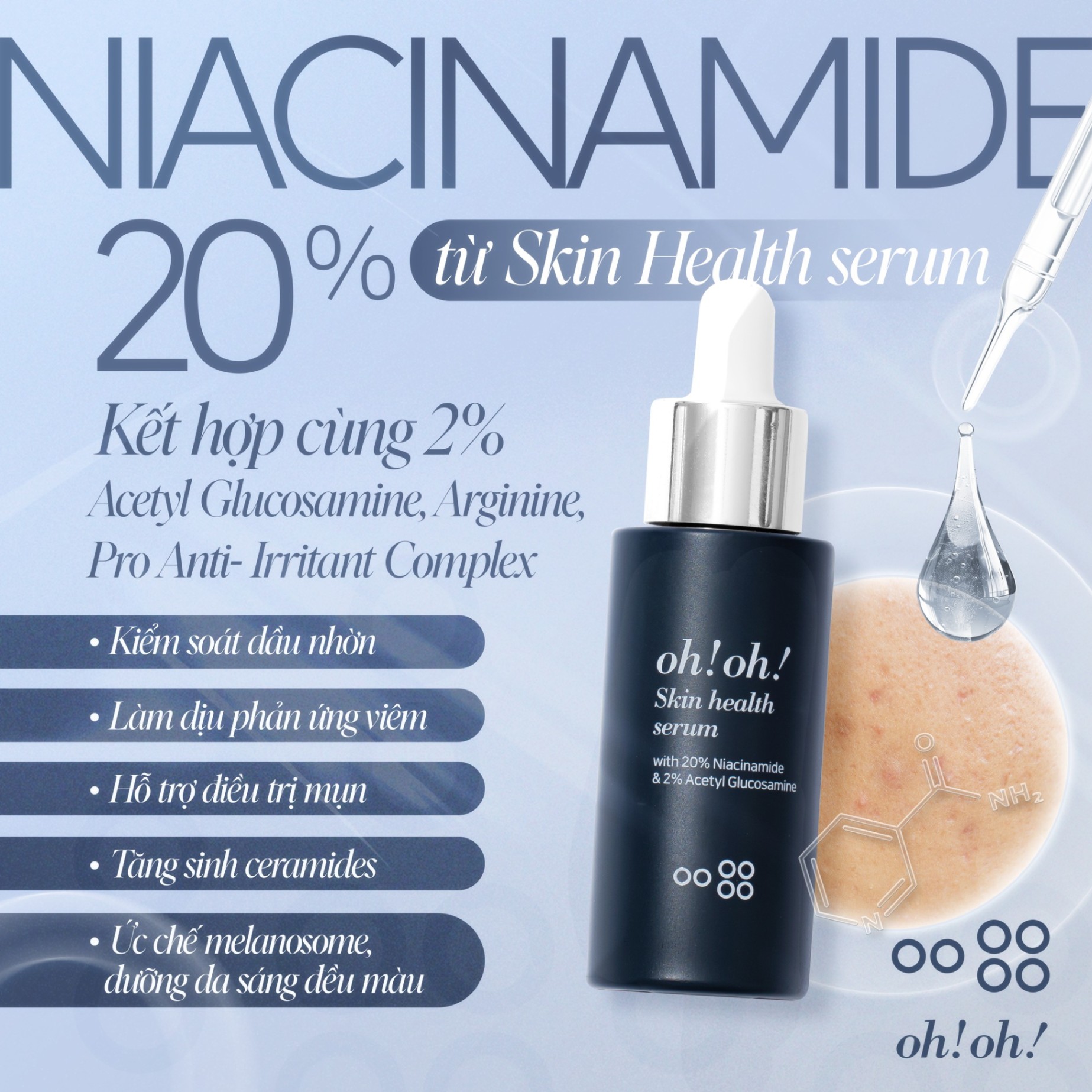 Tinh Chất Dưỡng Sáng Da, Giảm Thâm Nám oh!oh! Skin Health Serum (with 20% Niacinamide & 2% Acetyl Glucosamine) 30ml