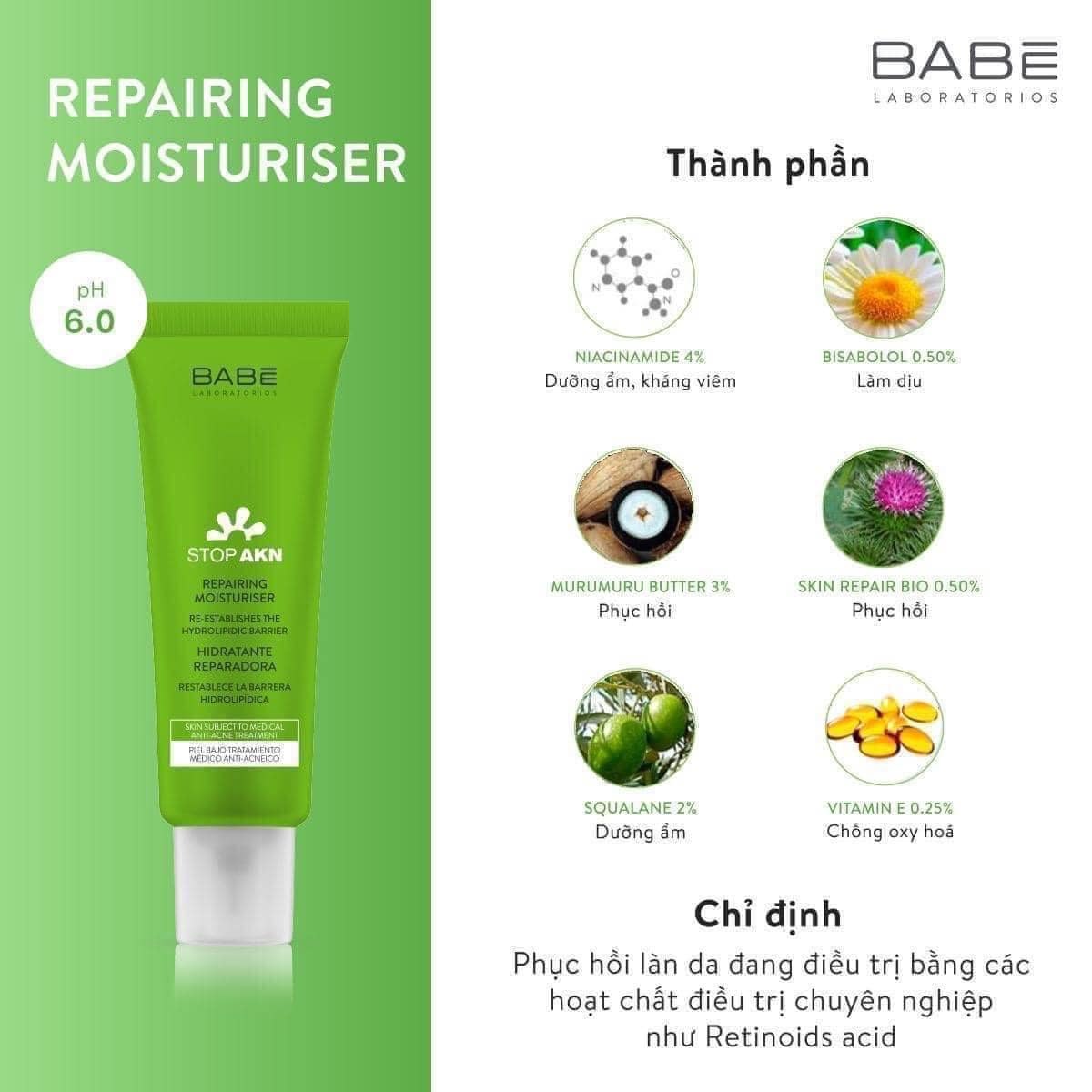 Kem Dưỡng Ẩm Phục Hồi Cho Da Mụn Laboratorios BABE Stop AKN Repairing Moisturiser