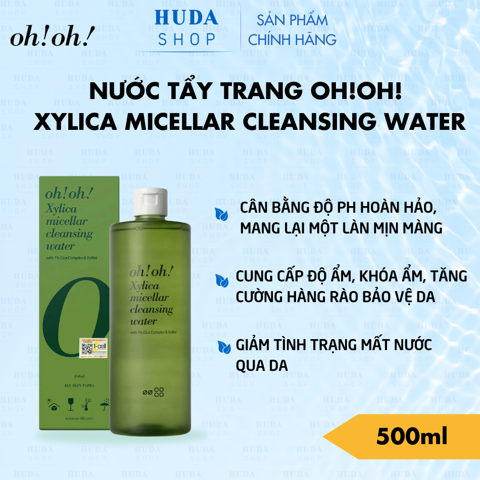 Nước Tẩy Trang Chuyên Sâu Phục Hồi Màng Lipid oh!oh! Xylica Micellar Cleansing Water 500ml with 1% Cica Complex & Xylitol