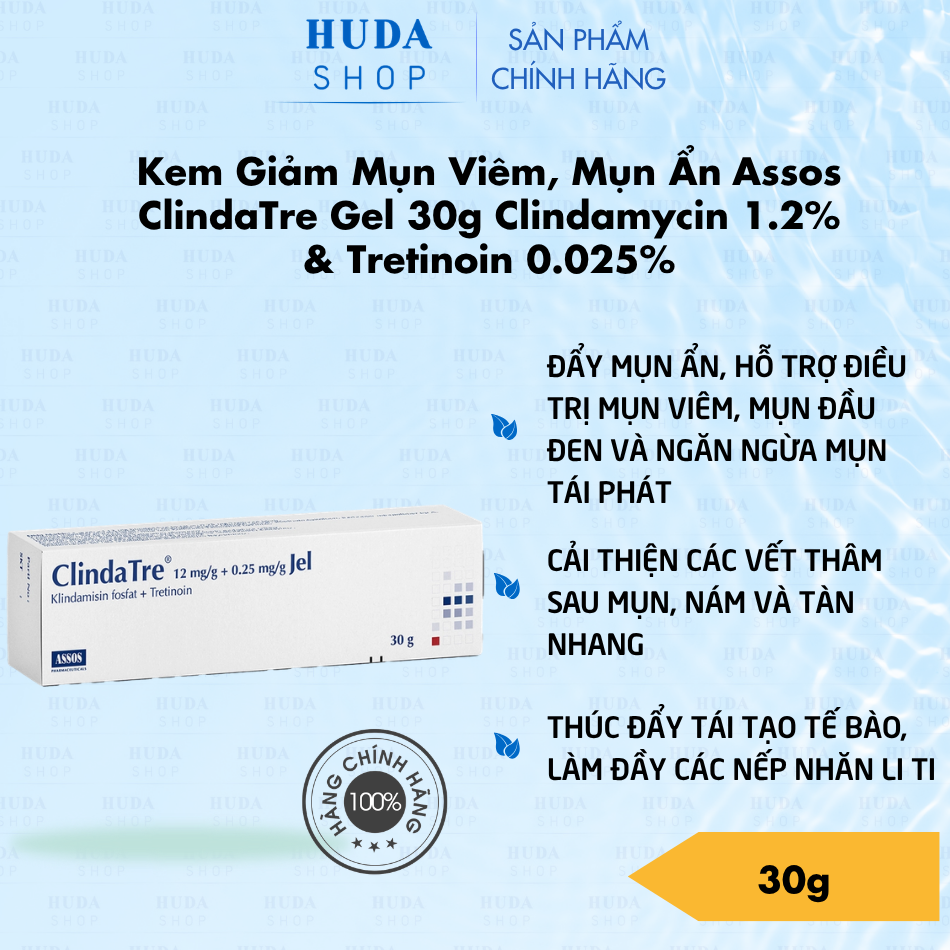 Kem Giảm Mụn Viêm, Mụn Ẩn Assos ClindaTre Gel 30g Clindamycin 1.2% & Tretinoin 0.025%