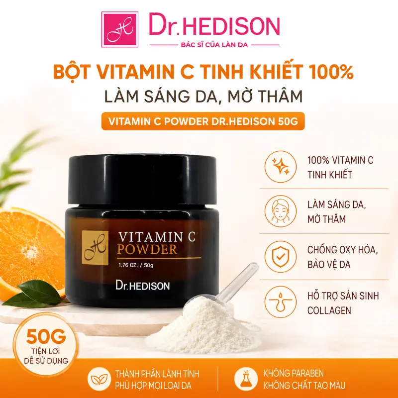 Bột Vitamin C Tinh Khiết 100% Làm Sáng Da, Mờ Thâm Vitamin C Powder Dr.HEDISON 50g