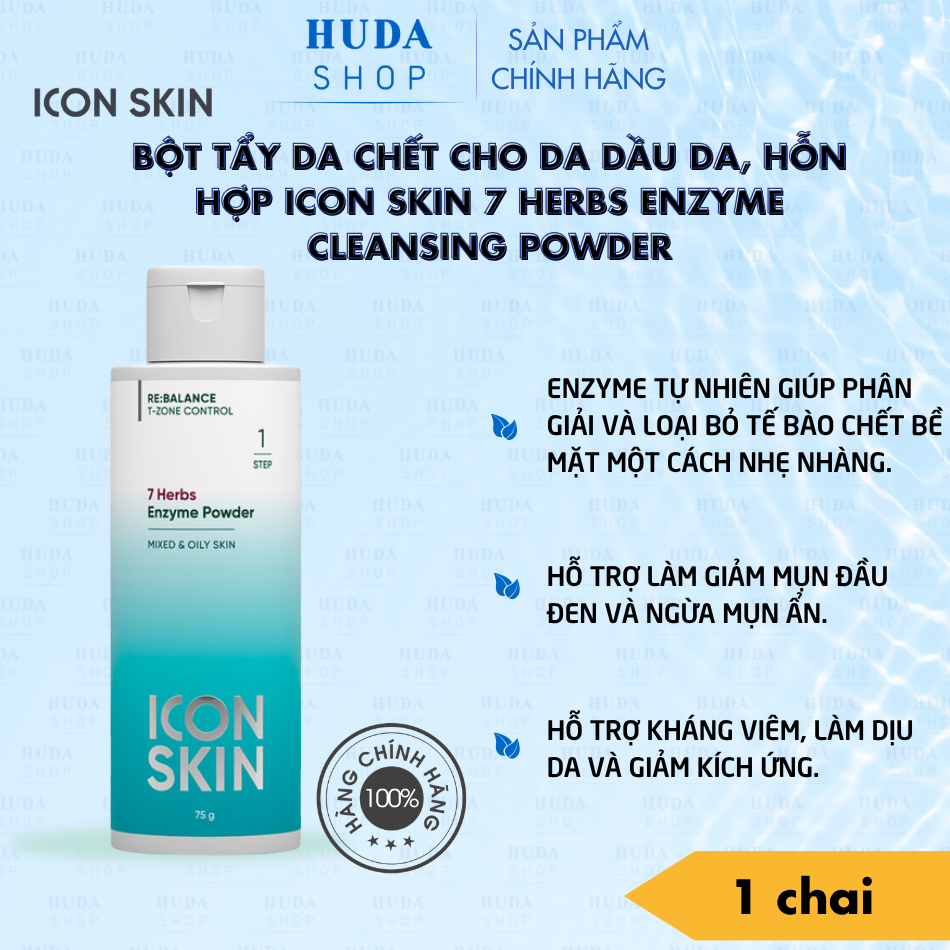 Bột tẩy da chết cho da dầu da, hỗn hợp Icon Skin 7 Herbs Enzyme Cleansing Powder