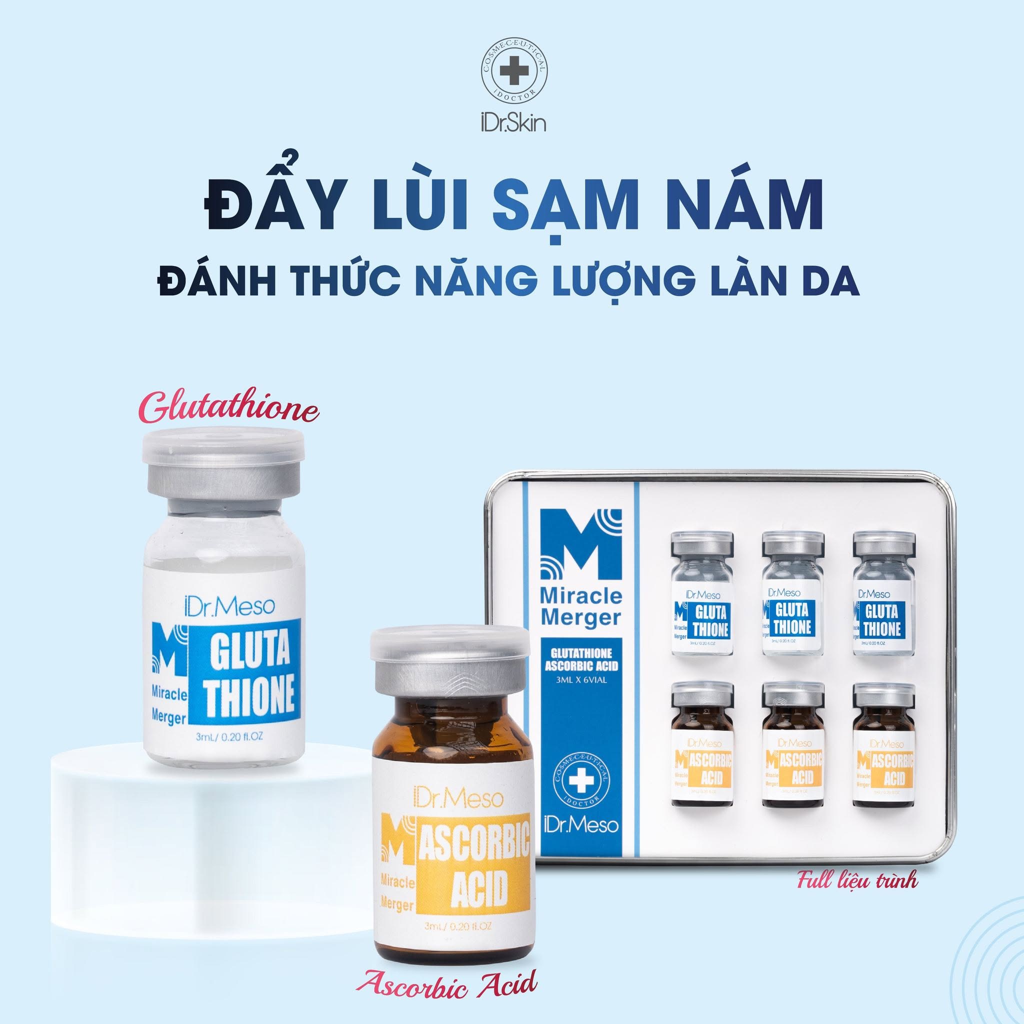 Combo meso Idr.Skin vitamin C 20% và Glutathion trắng sáng da