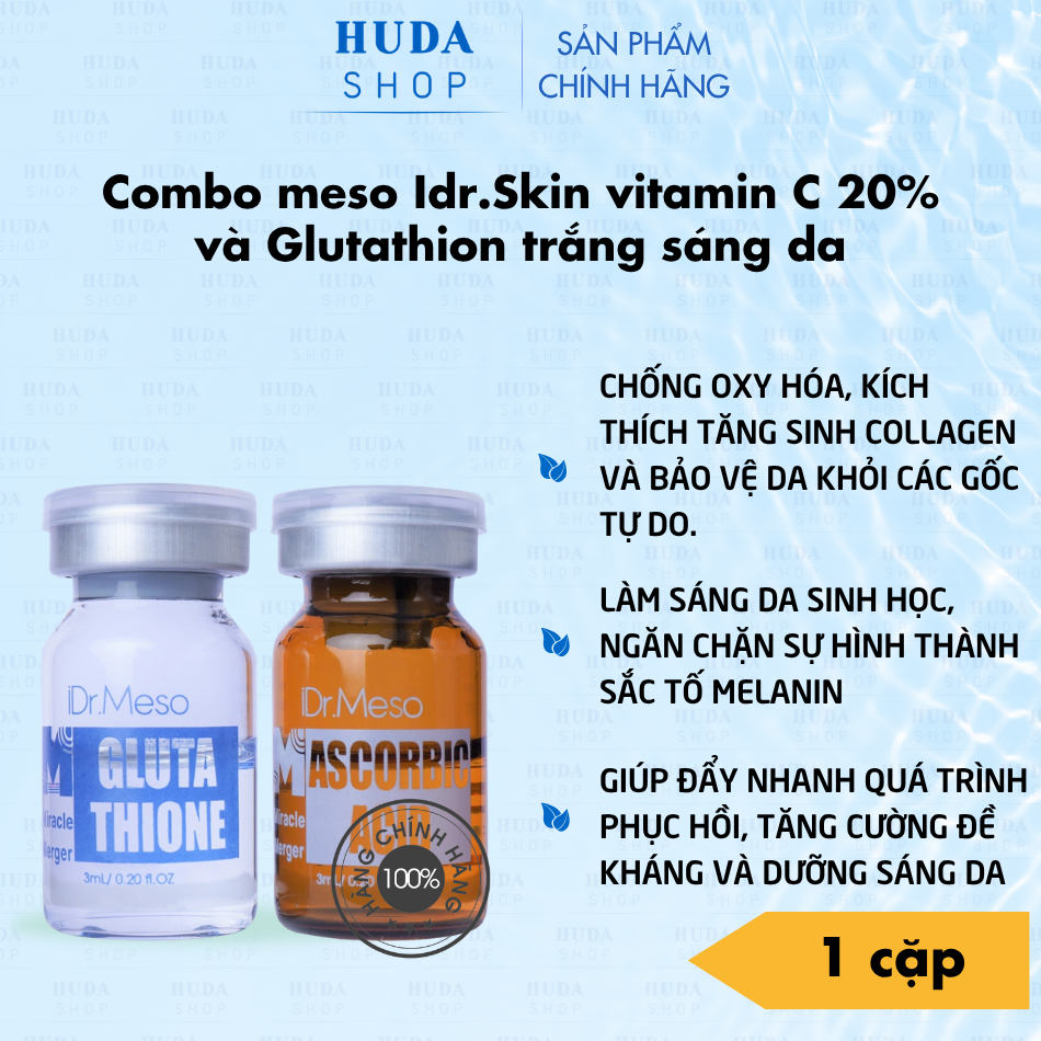 Combo meso Idr.Skin vitamin C 20% và Glutathion trắng sáng da