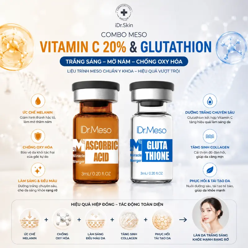 Combo meso Idr.Skin vitamin C 20% và Glutathion trắng sáng da
