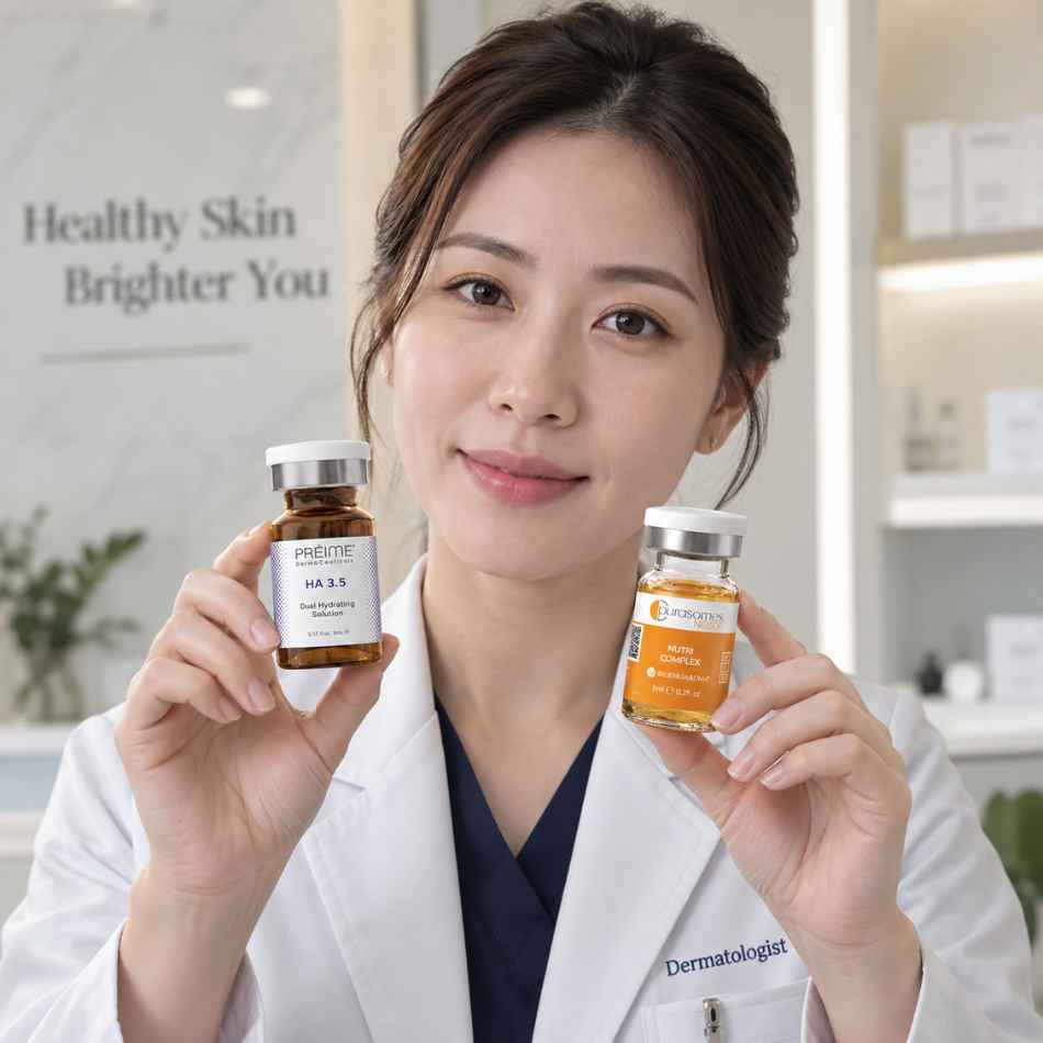 Combo tinh chất phục hồi, căng bóng, trẻ hoá toàn diện Dermoaroma Purasomes NC150+ Nutri Complex + Préime Derma Ceuticals HA 3.5