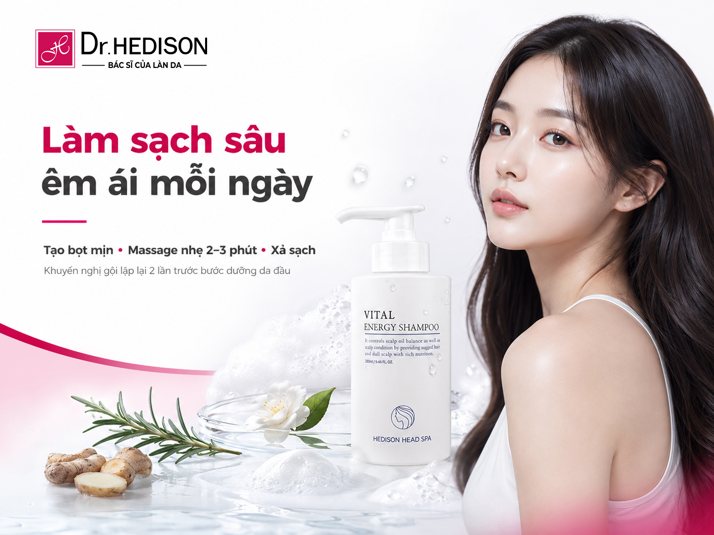 Dầu Gội Thanh Lọc Da Đầu, Giảm Bết Dầu, Hỗ Trợ Tóc Chắc Khỏe Vital Energy Shampoo Dr.Hedison 280ml