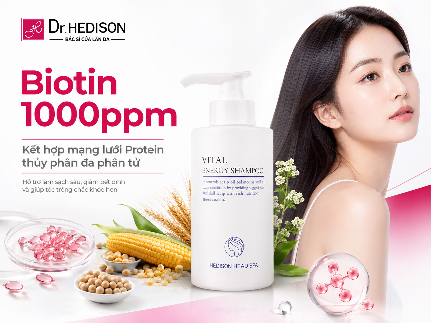 Dầu Gội Thanh Lọc Da Đầu, Giảm Bết Dầu, Hỗ Trợ Tóc Chắc Khỏe Vital Energy Shampoo Dr.Hedison 280ml