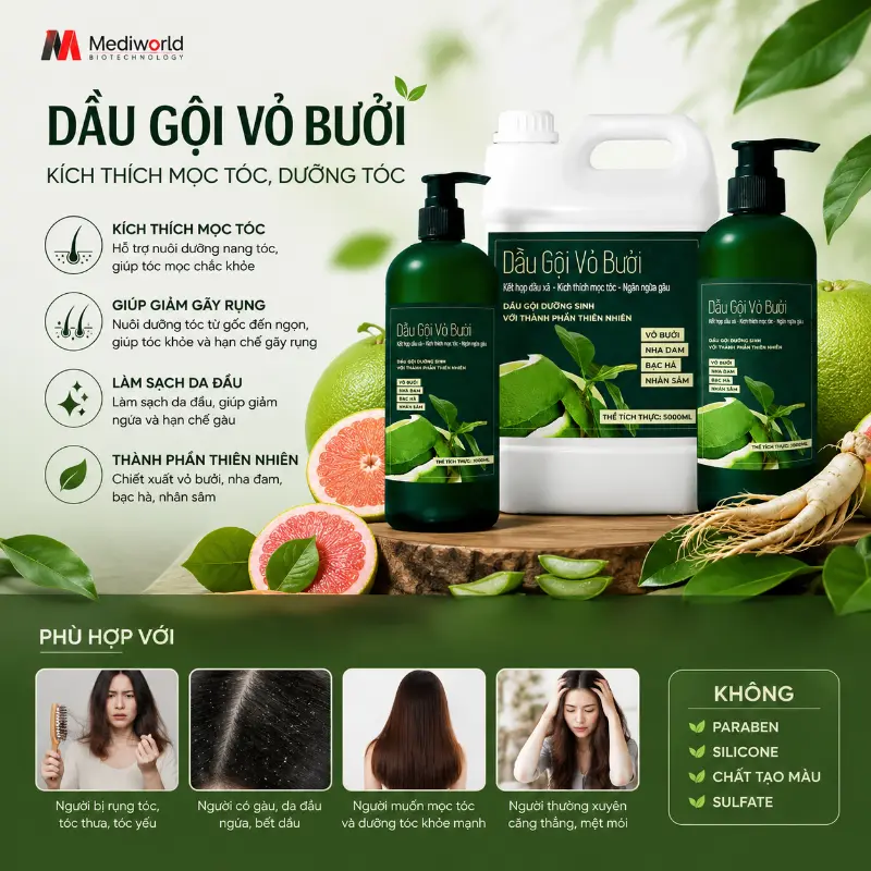 Dầu gội vỏ bưởi Mediworld kích thích mọc tóc, dưỡng tóc