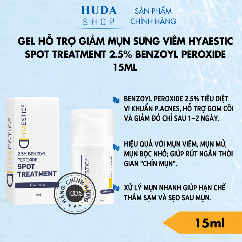 Gel Hỗ Trợ Giảm Mụn Sưng Viêm Hyaestic Spot Treatment 2.5% Benzoyl Peroxide 15ml Chính Hãng