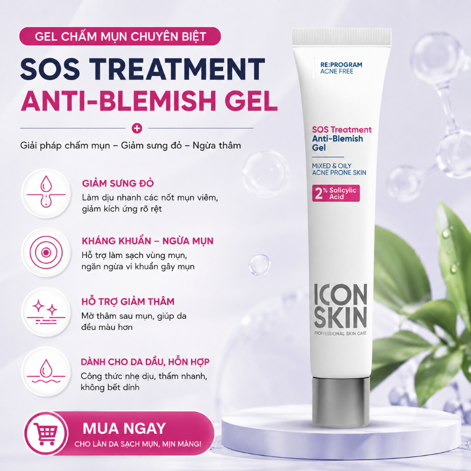 Gel chấm mụn dành cho da dầu, da hỗn hợp Icon Skin SOS Treatment Anti-Blemish Gel