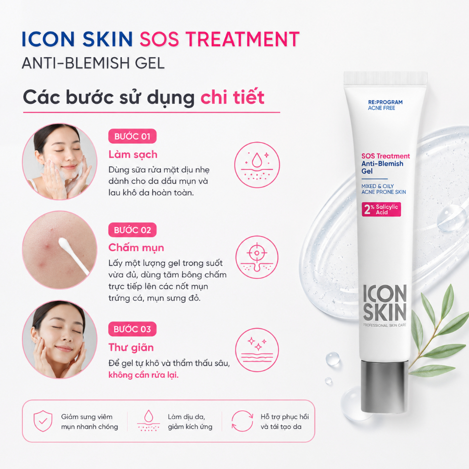 Gel chấm mụn dành cho da dầu, da hỗn hợp Icon Skin SOS Treatment Anti-Blemish Gel