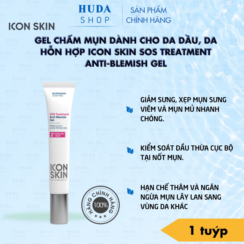 Gel chấm mụn dành cho da dầu, da hỗn hợp Icon Skin SOS Treatment Anti-Blemish Gel