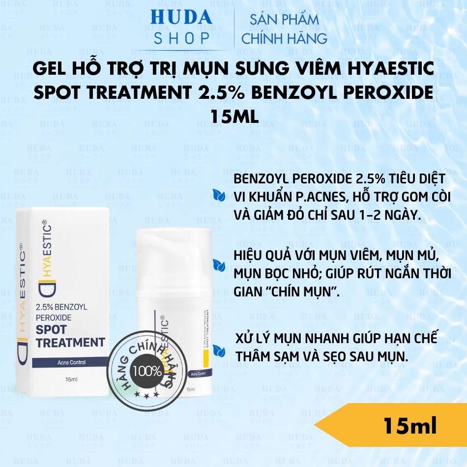Gel hỗ trợ trị mụn sưng viêm Hyaestic Spot Treatment 2.5% Benzoyl Peroxide 15ml