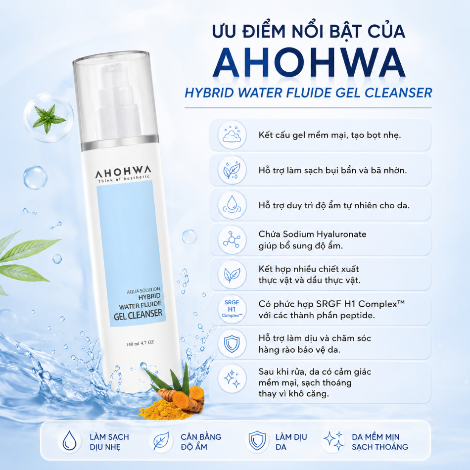 Gel rửa mặt dành cho mọi loại da Ahohwa Aqua Solution Hybrid Water Fluide Gel Cleanser