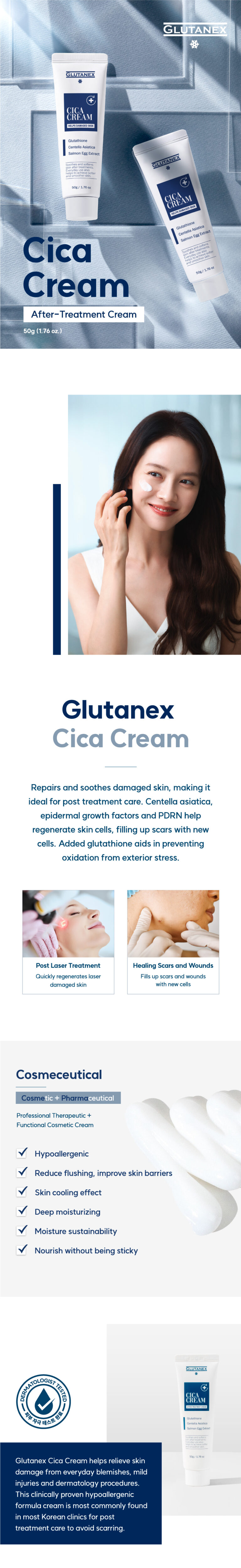 Kem Phục Hồi Da Sau Laser, Làm Dịu & Sáng Da Glutanex CICA Cream 50g