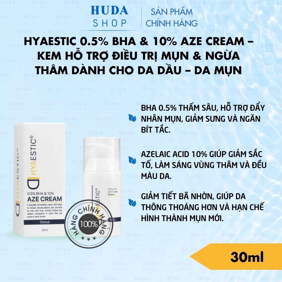 Hyaestic 0.5% BHA & 10% Aze Cream – Kem hỗ trợ điều trị mụn & ngừa thâm dành cho da dầu – da mụn