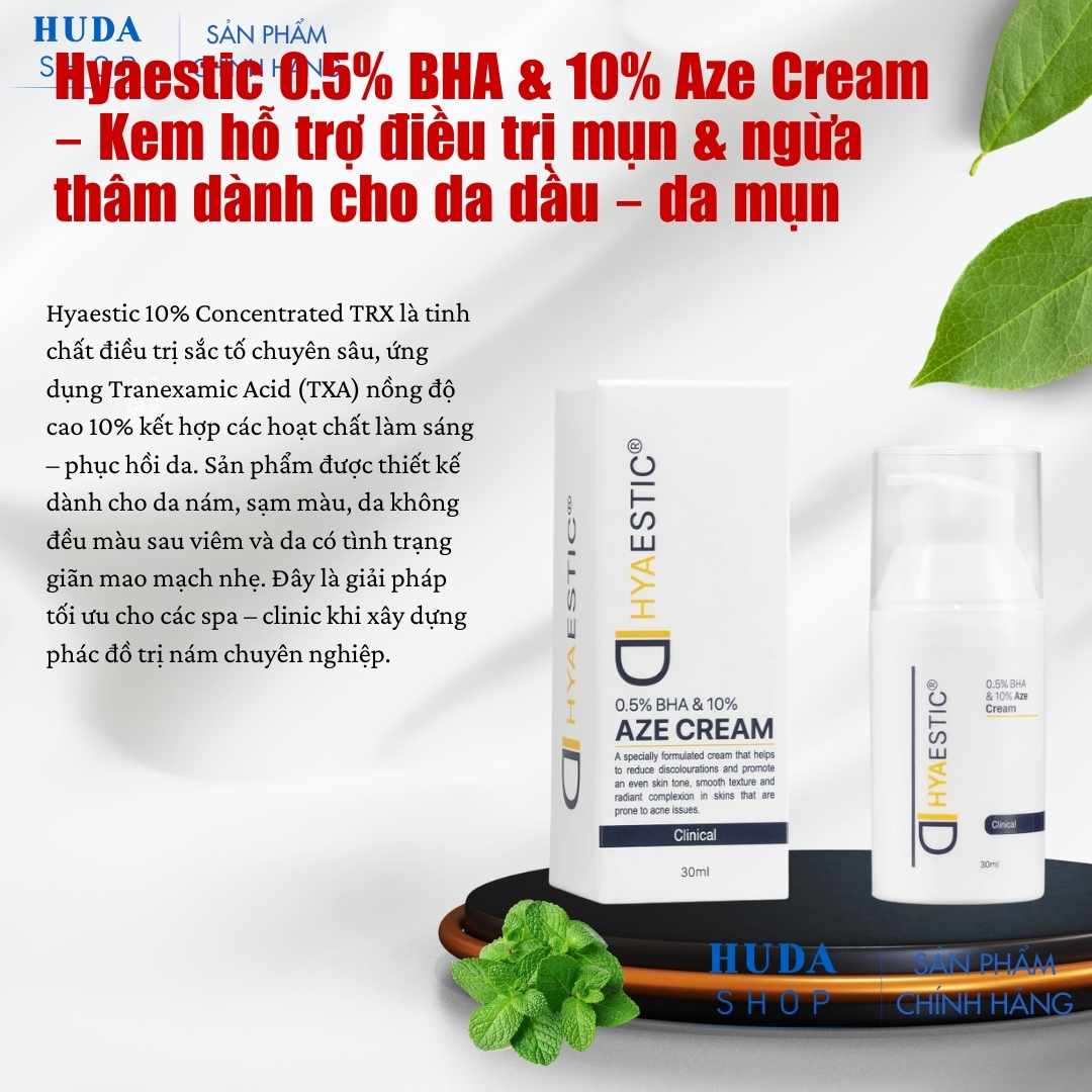 Kem Hỗ Trợ Giảm Mụn, Cải Thiện Thâm Sau Mụn Cho Da Dầu & Da Mụn Hyaestic 0.5% BHA & 10% Aze Cream Chính Hãng