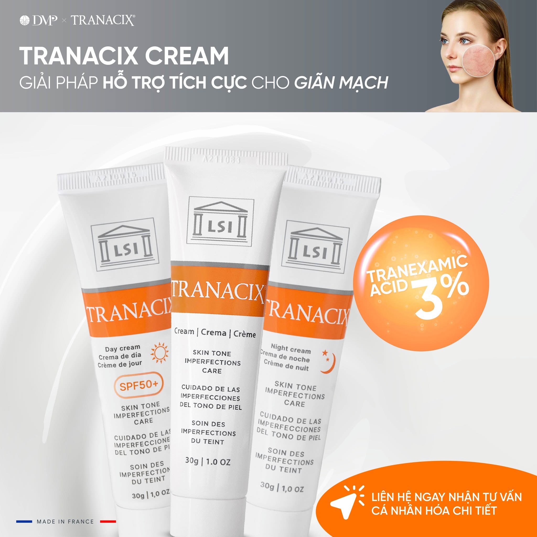 Kem Bôi Tranexamic Acid Hỗ Trợ Cải Thiện Nám, Hồng Ban Và Tăng Sắc Tố Tranacix Cream 3%