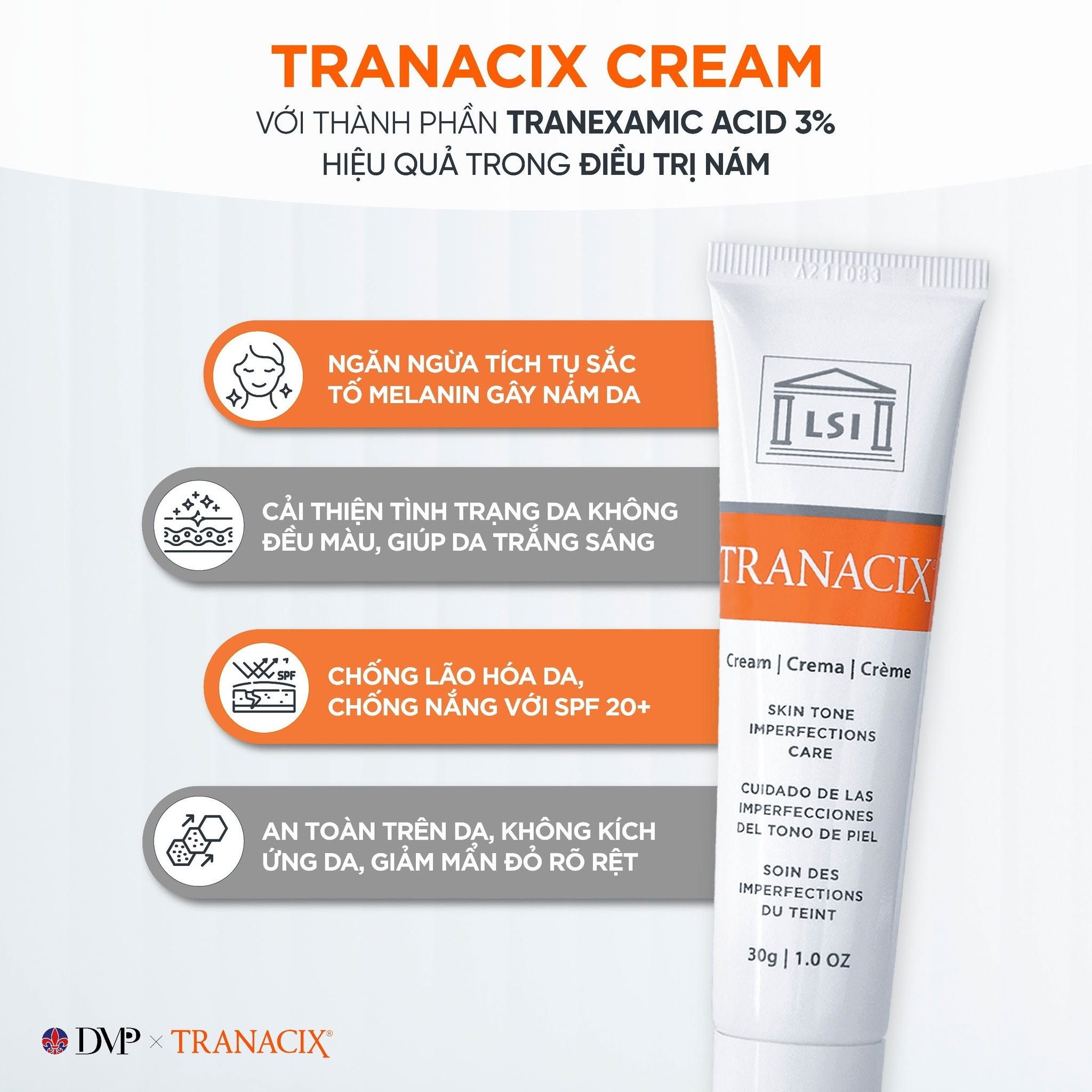 Kem Bôi Tranexamic Acid Hỗ Trợ Cải Thiện Nám, Hồng Ban Và Tăng Sắc Tố Tranacix Cream 3%