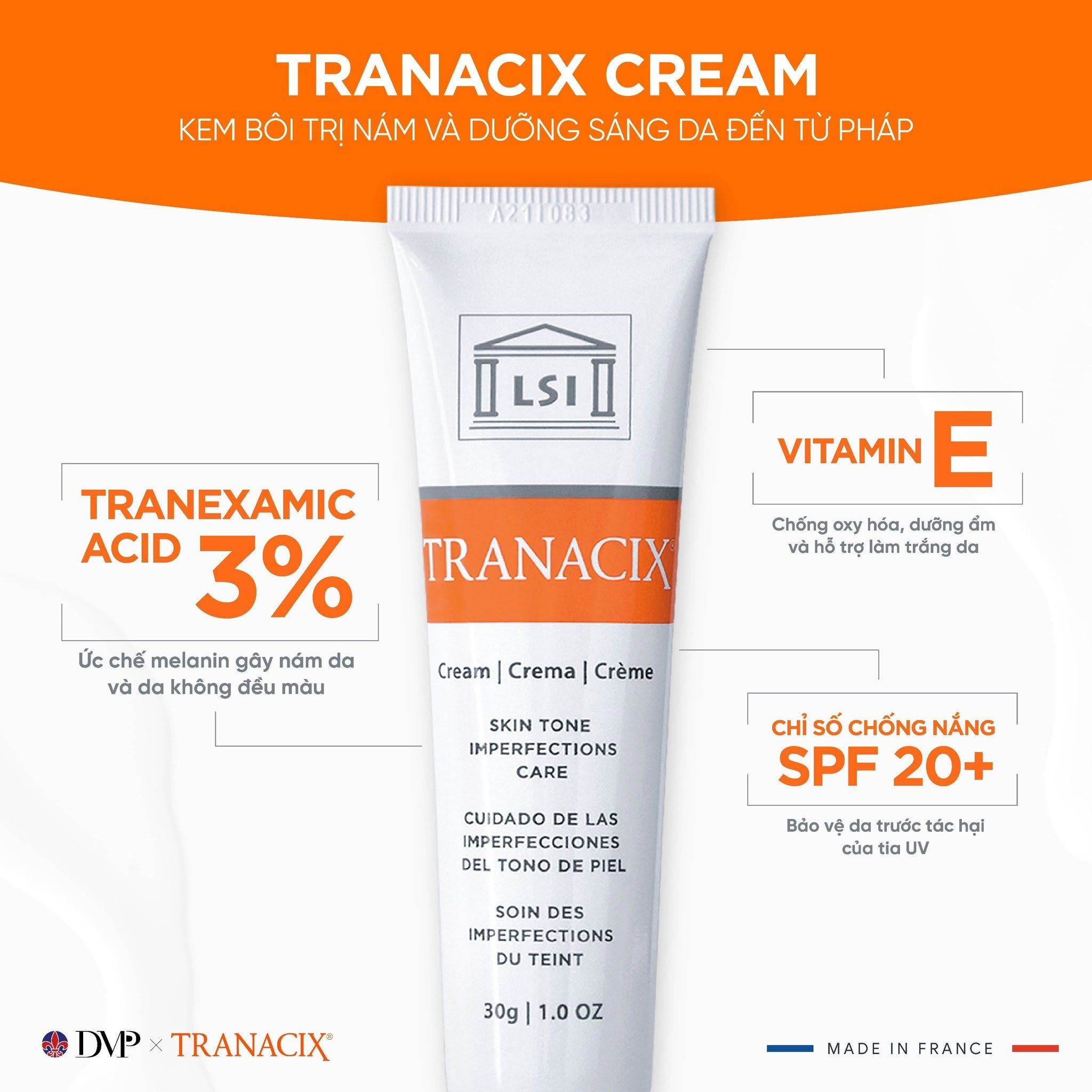 Kem Bôi Tranexamic Acid Hỗ Trợ Cải Thiện Nám, Hồng Ban Và Tăng Sắc Tố Tranacix Cream 3%
