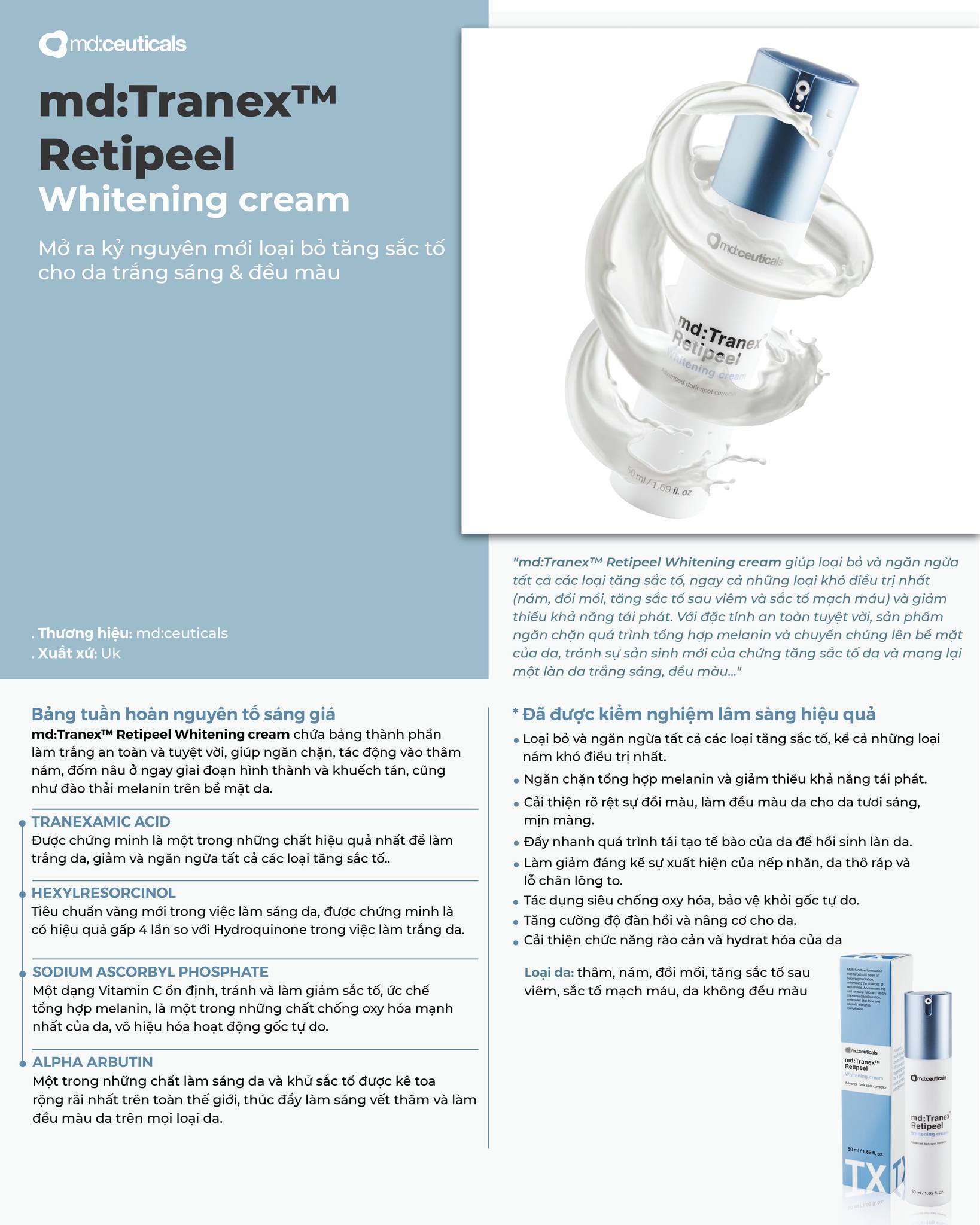 Kem Dưỡng Trắng Mờ Nám md:Tranex™ Retipeel Whitening Cream MD:Ceuticals