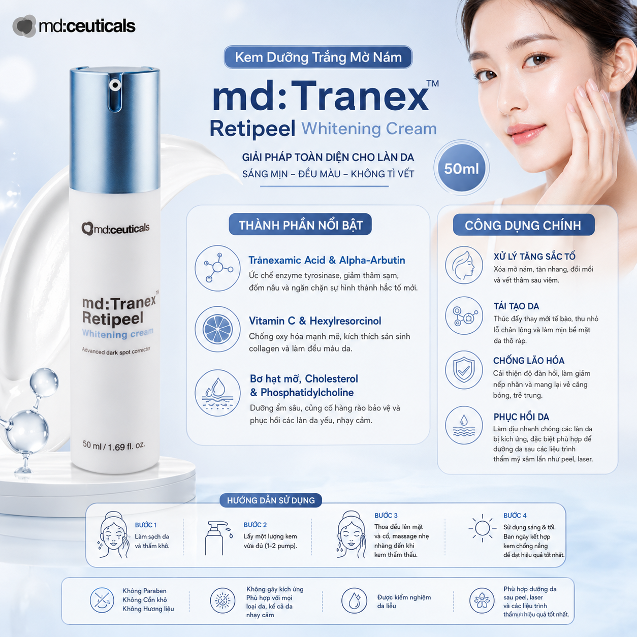 Kem Dưỡng Trắng Mờ Nám md:Tranex™ Retipeel Whitening Cream MD:Ceuticals