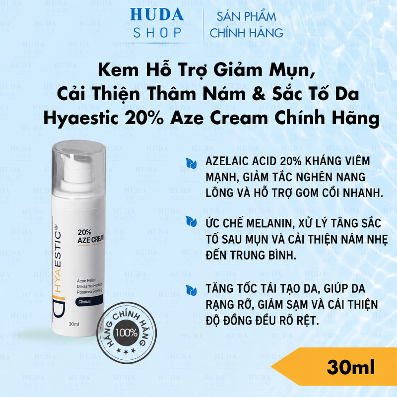 Kem Hỗ Trợ Giảm Mụn, Cải Thiện Thâm Nám & Sắc Tố Da Hyaestic 20% Aze Cream Chính Hãng