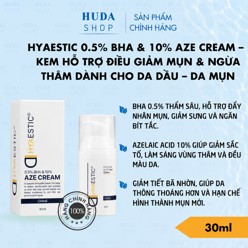Kem Hỗ Trợ Giảm Mụn, Cải Thiện Thâm Sau Mụn Cho Da Dầu & Da Mụn Hyaestic 0.5% BHA & 10% Aze Cream Chính Hãng