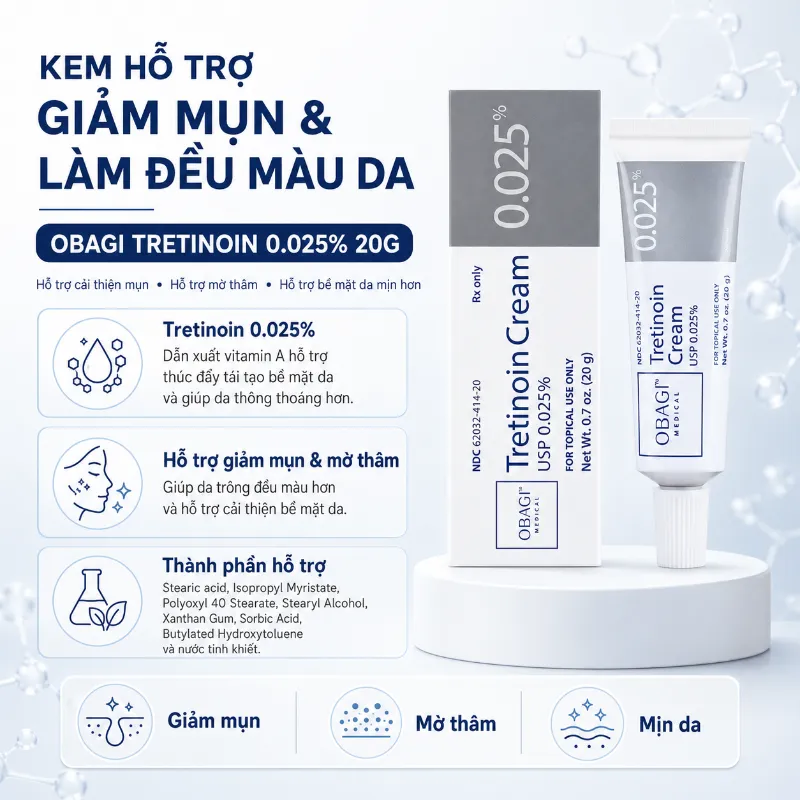 Kem Hỗ Trợ Giảm Mụn, Cải Thiện Thâm & Đều Màu Da Obagi Tretinoin 0.025% 20g Chính Hãng