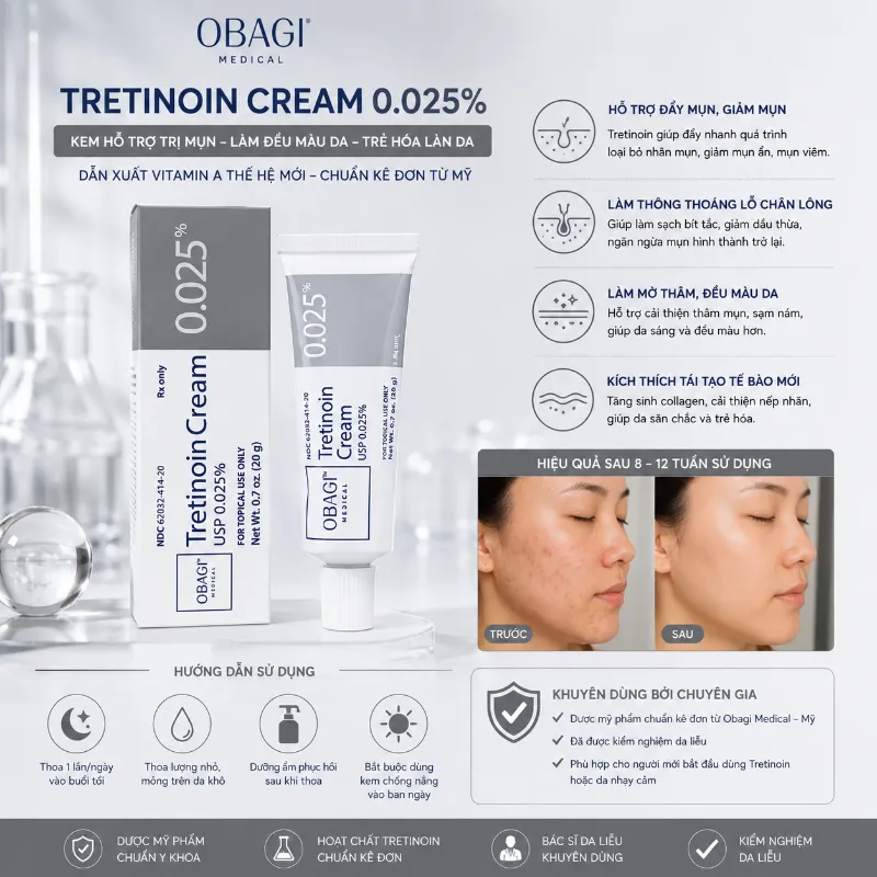 Kem Hỗ Trợ Giảm Mụn, Cải Thiện Thâm & Đều Màu Da Obagi Tretinoin 0.025% 20g Chính Hãng