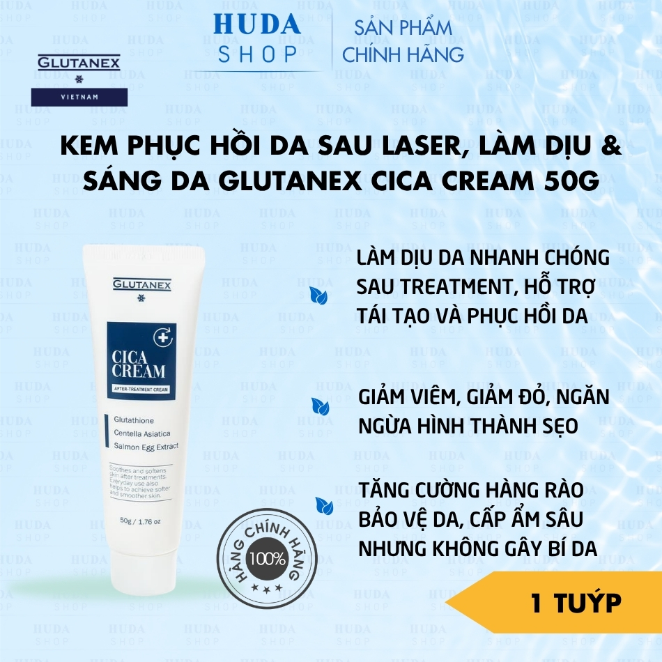 Kem Phục Hồi Da Sau Laser, Làm Dịu & Sáng Da Glutanex CICA Cream 50g