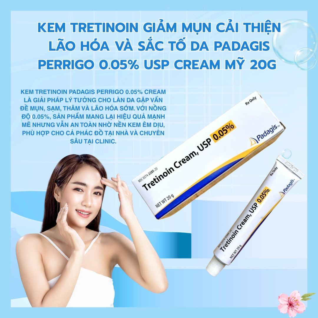 Kem Tretinoin giảm mụn cải thiện lão hóa và sắc tố da Padagis Perrigo 0.05% USP cream Mỹ 20g
