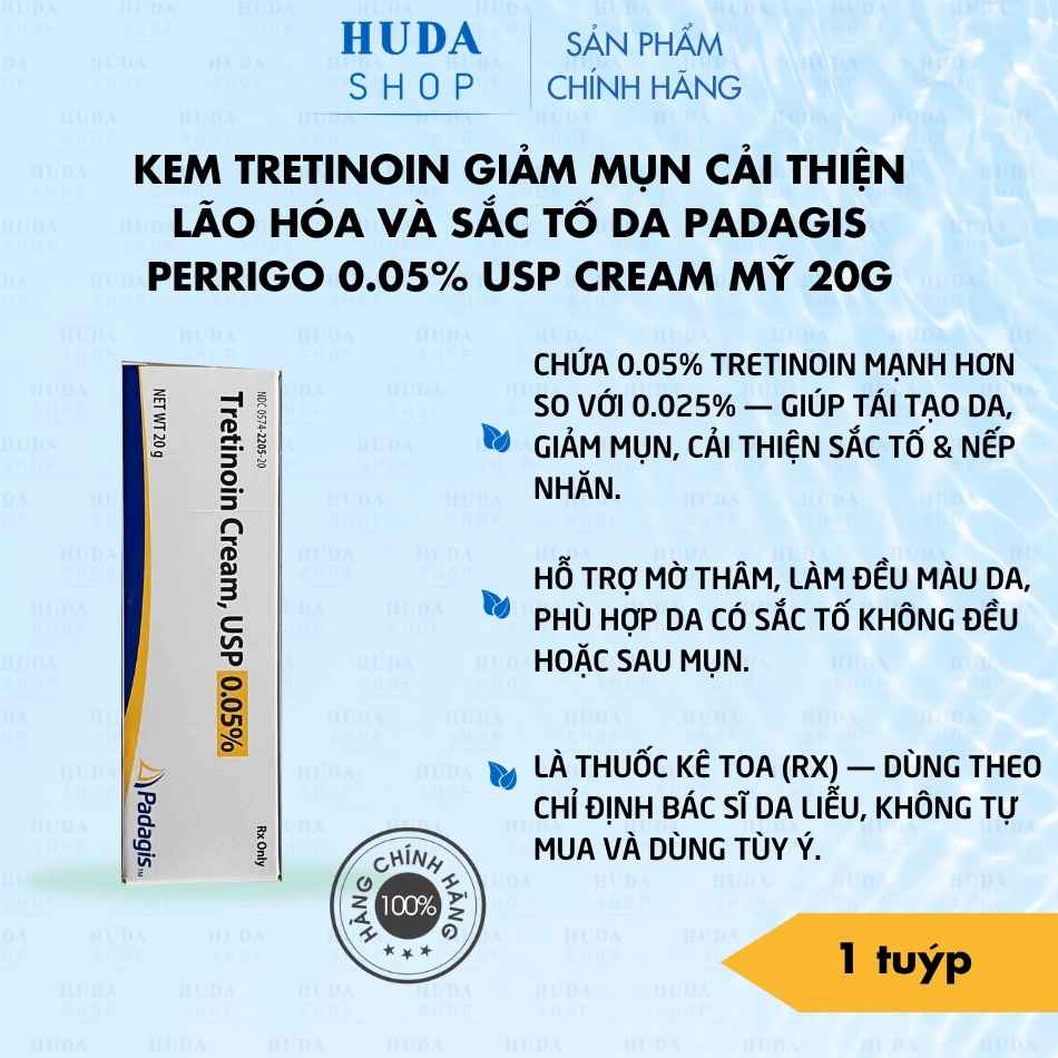Kem Tretinoin giảm mụn cải thiện lão hóa và sắc tố da Padagis Perrigo 0.05% USP cream Mỹ 20g