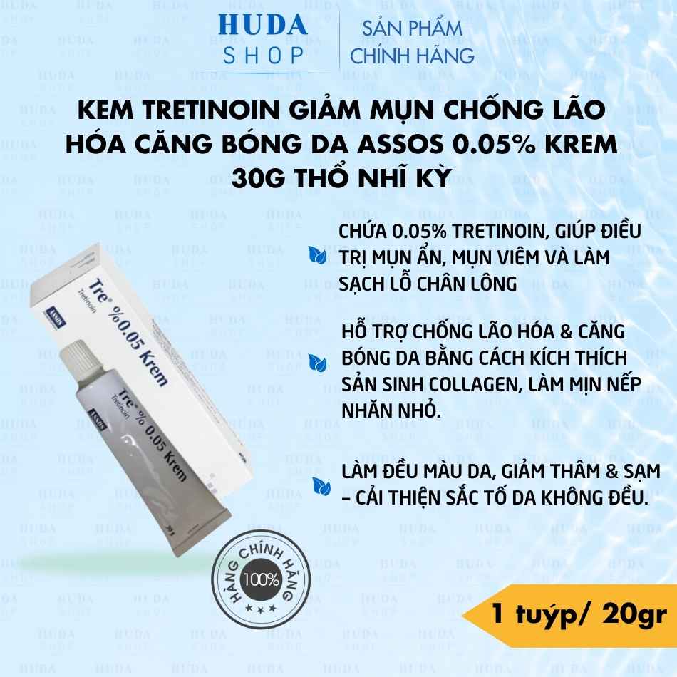 Kem Tretinoin giảm mụn chống lão hóa căng bóng da Assos 0.05% Krem 30g Thổ Nhĩ Kỳ