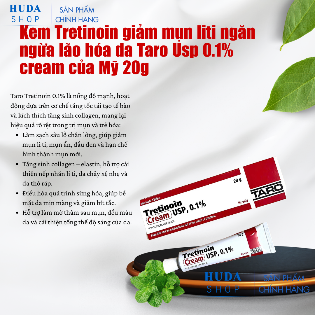 Kem Tretinoin giảm mụn liti ngăn ngừa lão hóa da Taro Usp 0.1% cream của Mỹ 20g