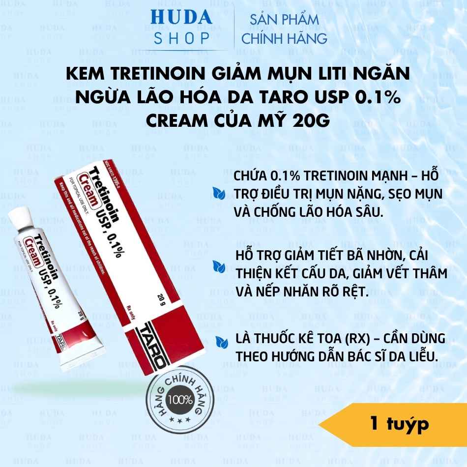 Kem Tretinoin giảm mụn liti ngăn ngừa lão hóa da Taro Usp 0.1% cream của Mỹ 20g