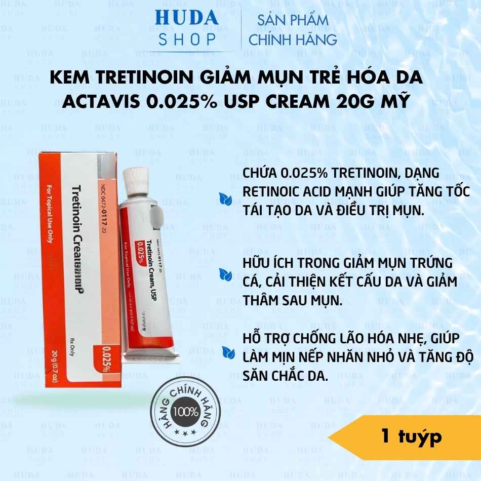 Kem Tretinoin giảm mụn trẻ hóa da Actavis 0.025% USP Cream 20g Mỹ