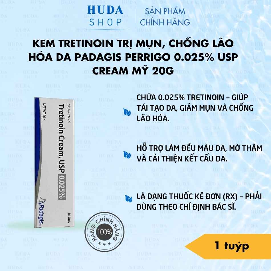 Kem Tretinoin trị mụn, chống lão hóa da Padagis Perrigo 0.025% USP cream Mỹ 20g