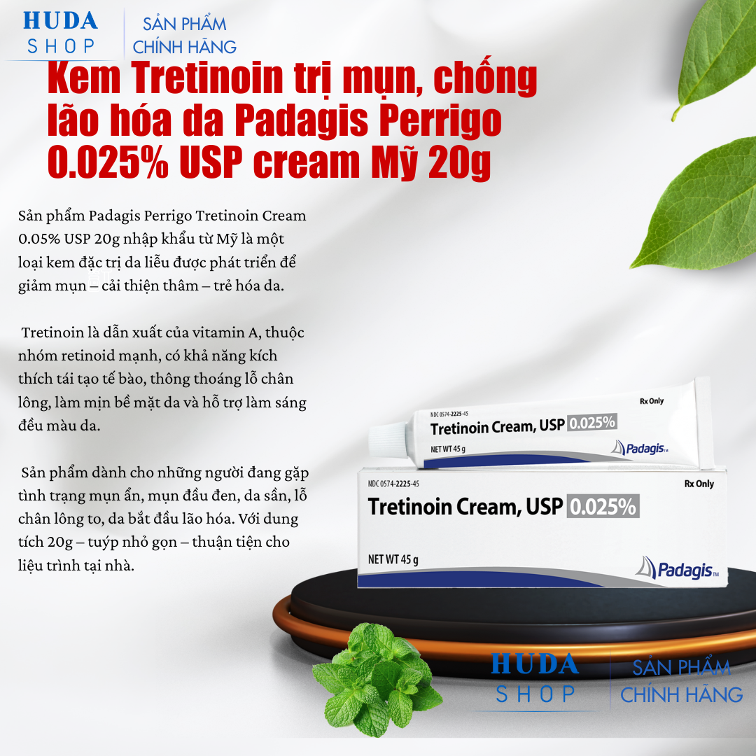Kem Tretinoin Hỗ Trợ Giảm Mụn, Cải Thiện Dấu Hiệu Lão Hóa Da Padagis Perrigo 0.025% USP Cream Mỹ 20g Chính Hãng