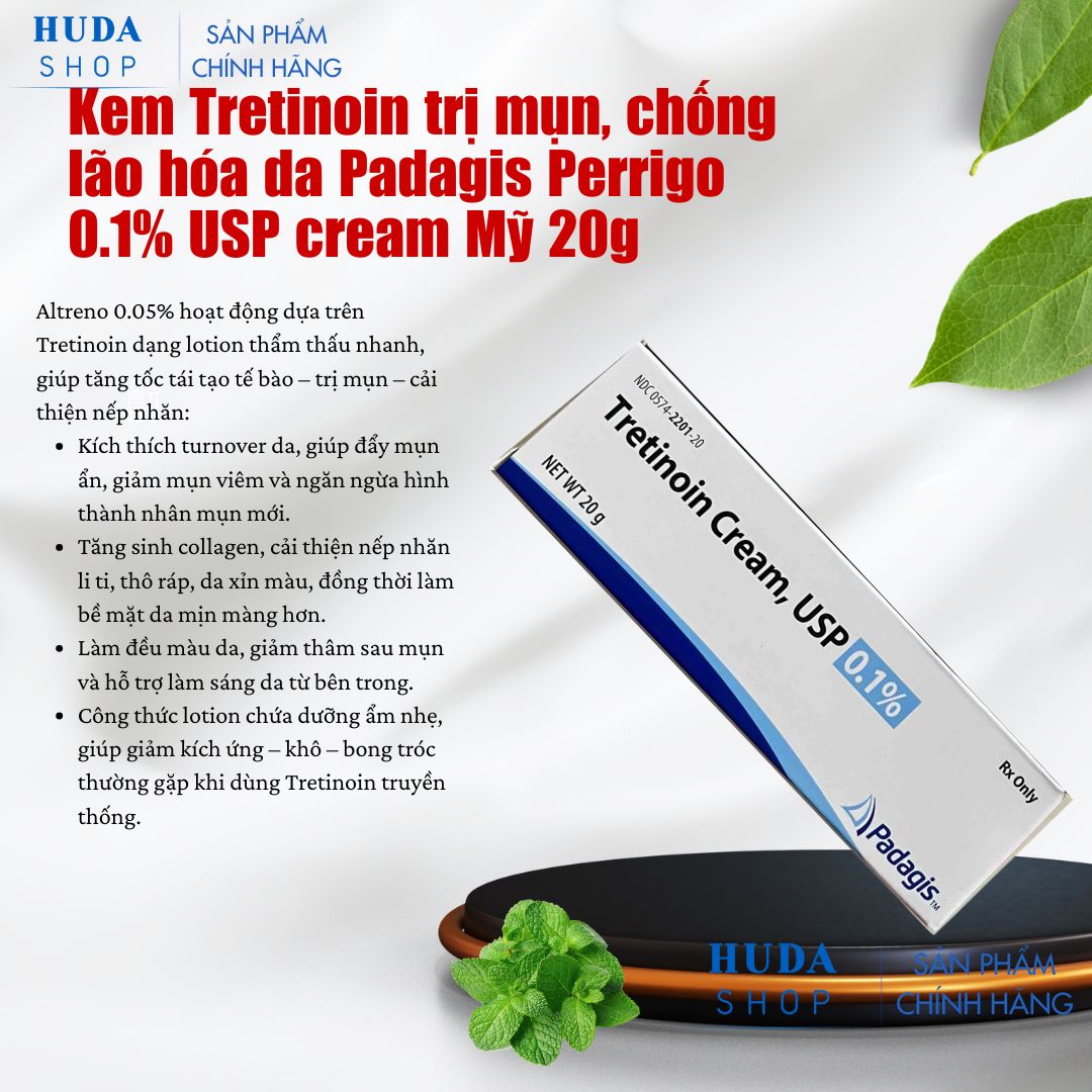 Kem Tretinoin Hỗ Trợ Giảm Mụn, Cải Thiện Dấu Hiệu Lão Hóa Da Padagis Perrigo 0.1% USP Cream Mỹ 20g Chính Hãng