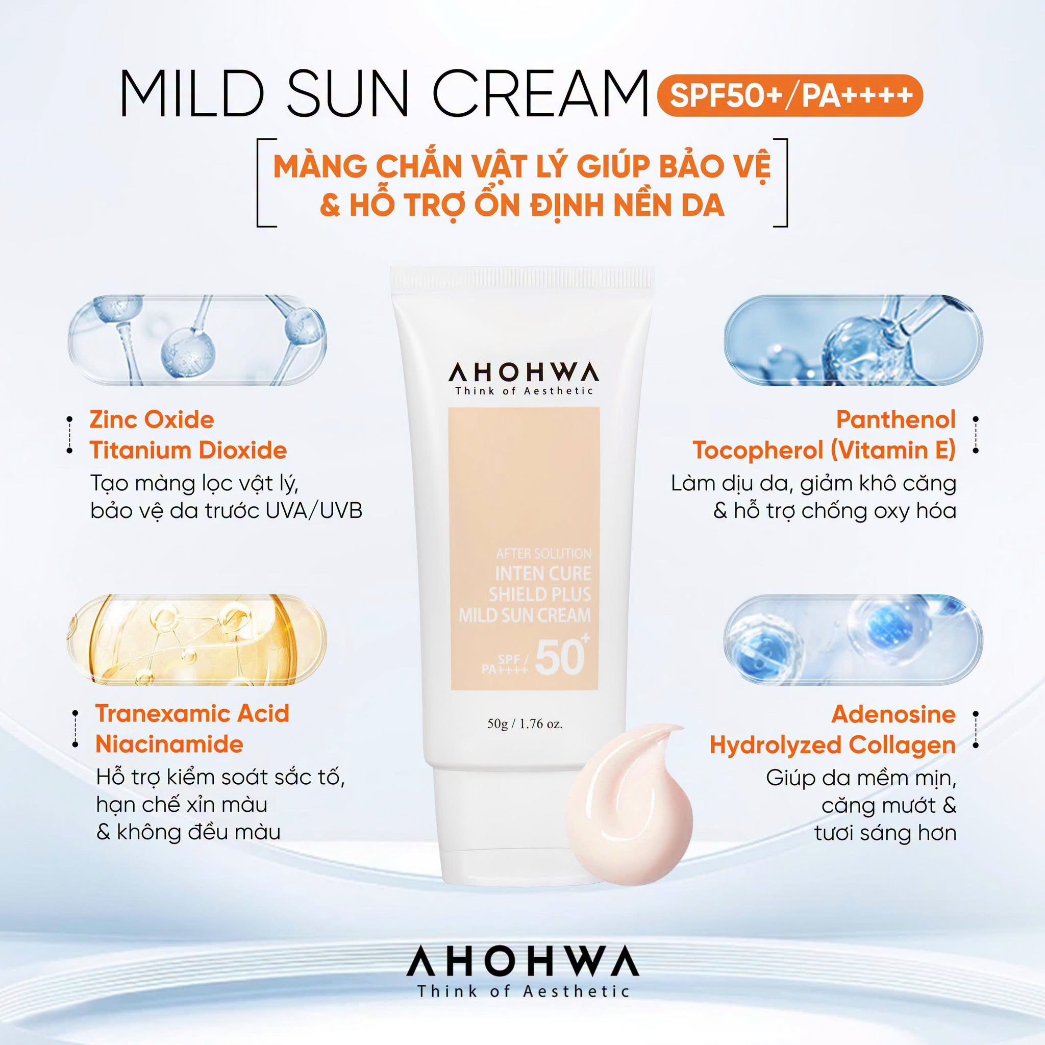 Kem chống nắng hiệu chỉnh sắc tố X5 bảo vệ da Ahohwa After Solution Inten Cure Shield Plus Mild Sun Cream SPF50+/Pa++++