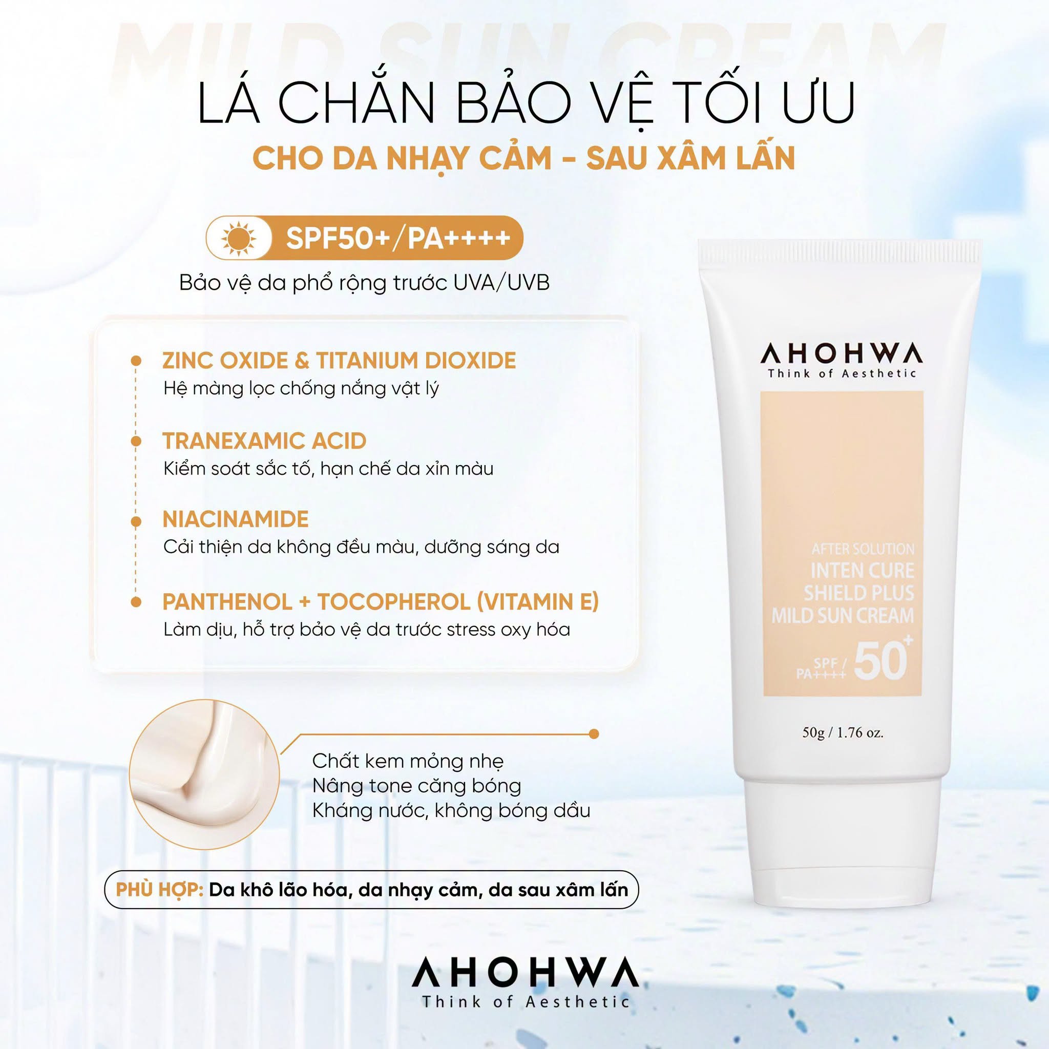 Kem chống nắng hiệu chỉnh sắc tố X5 bảo vệ da Ahohwa After Solution Inten Cure Shield Plus Mild Sun Cream SPF50+/Pa++++
