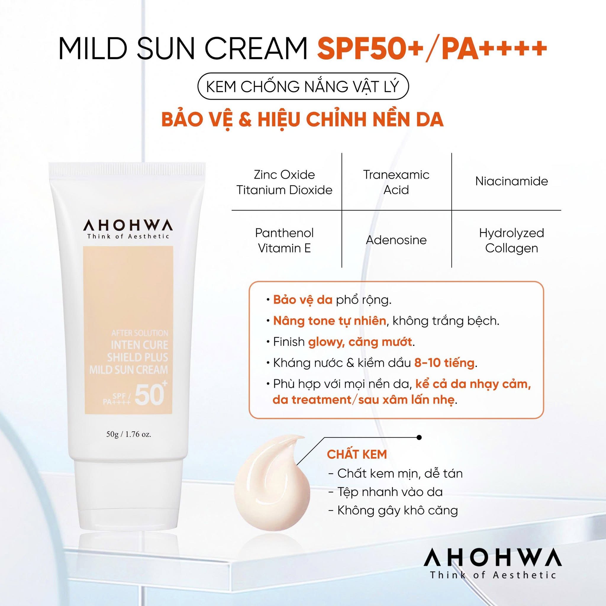 Kem chống nắng hiệu chỉnh sắc tố X5 bảo vệ da Ahohwa After Solution Inten Cure Shield Plus Mild Sun Cream SPF50+/Pa++++