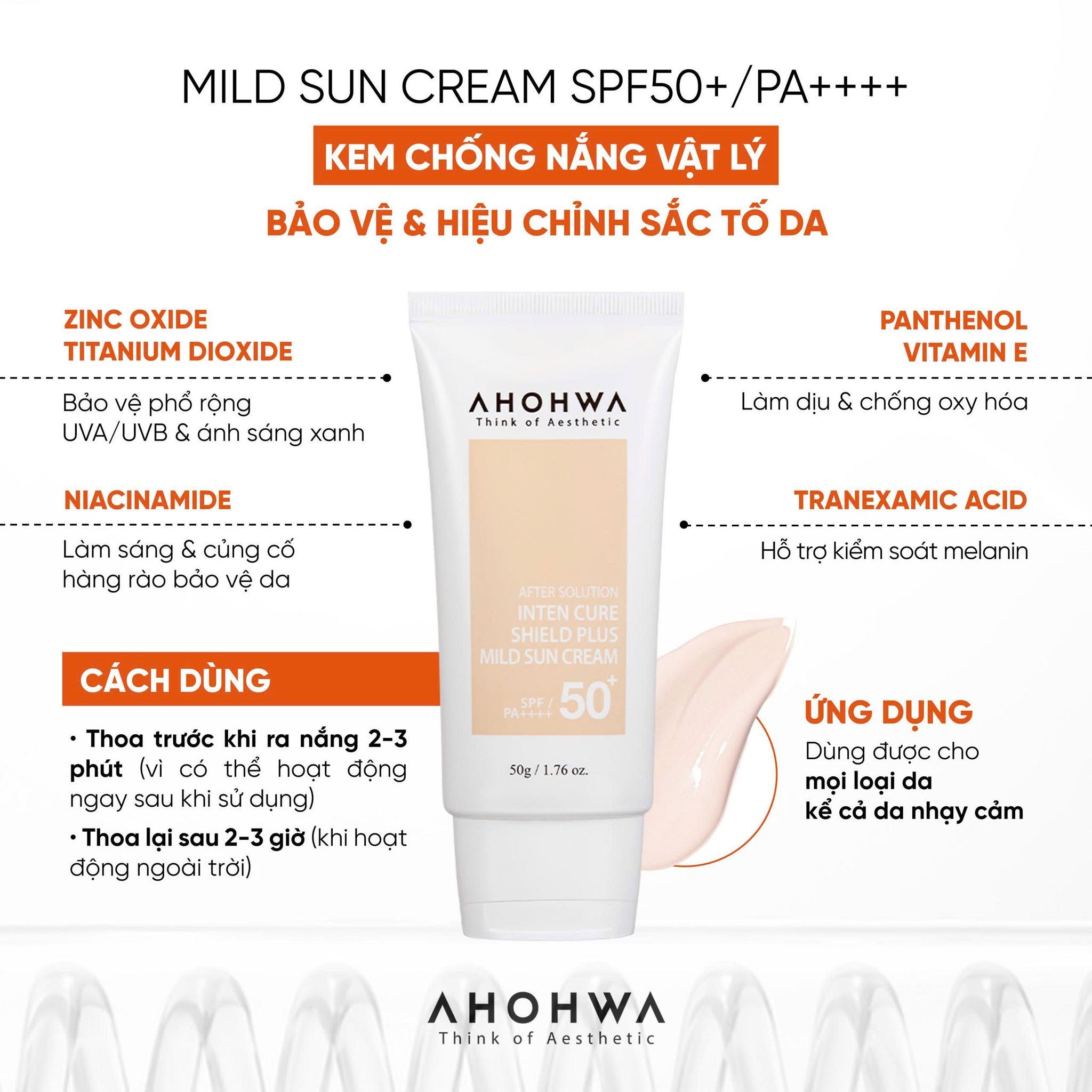 Kem chống nắng hiệu chỉnh sắc tố X5 bảo vệ da Ahohwa After Solution Inten Cure Shield Plus Mild Sun Cream SPF50+/Pa++++